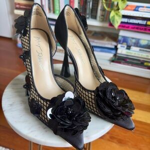 Betsey Johnson Black Sculptural Heels with Flamboyant Rosette Detail